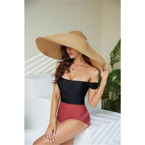 Khaki Straw Hat Trendy Wide Brim Floppy Large Oversized Visor Hat Cap Beach - Picture 2 of 6